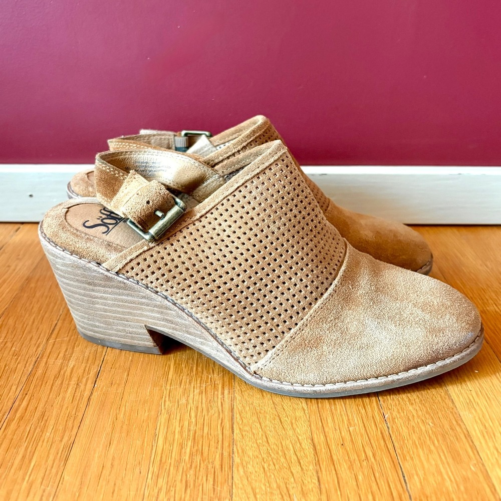 Sofft Sabie Suede Perforated Slingback Clogs 9M Saddle Color 3" Block Heel Mules